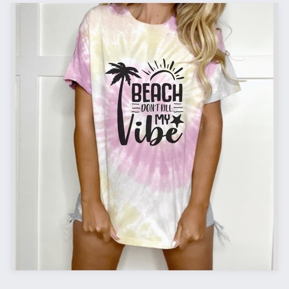 Beach Don’t Kill My Vibe Crew Neck Short Sleeve Tee Shirt - Picture 2 of 4